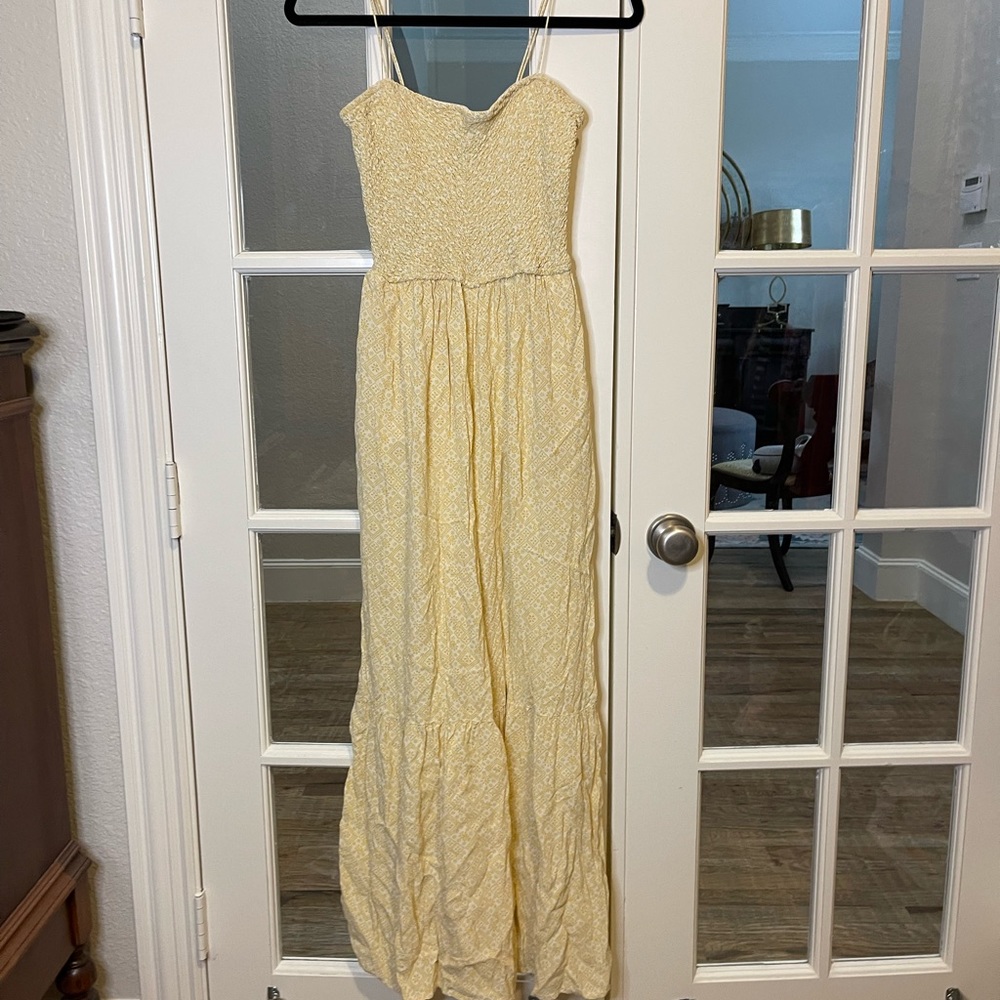 Free People little of your love Yellow Jumpsuit Small smocked flare leg